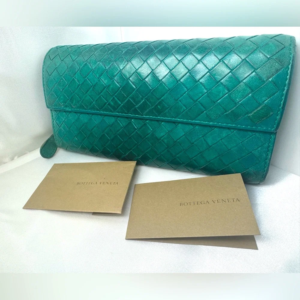 Bottega Veneta Intrecciato Leather Long Wallet Teal Vintage Color Made in Italy - Picture 14 of 14